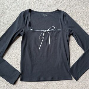 Hollister Ribbed Seamless Fabric Lace Trim Black Square-Neck Top Tee Shirt Sz M